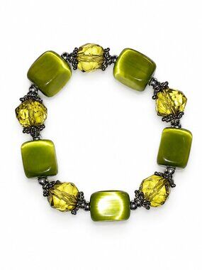 Green Cat-Eye & Faceted Yellow Crystal Bracelet
